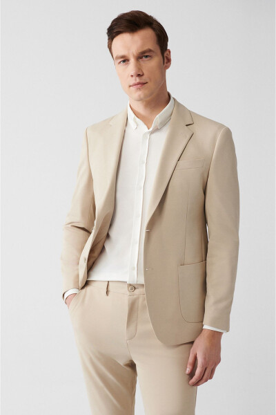 Beige, slit, lined, slim fit, jersey fabric men's jacket. - 8