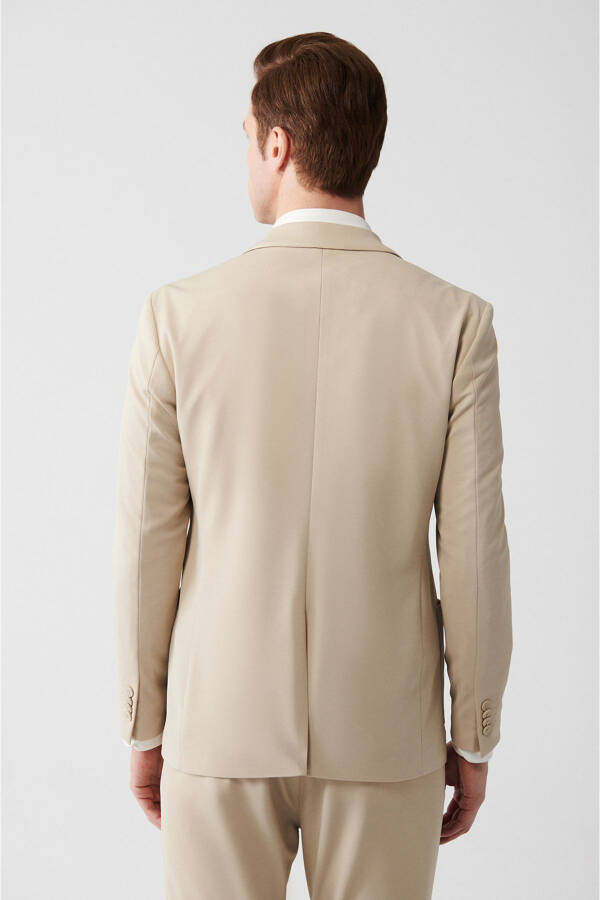 Beige, slit, lined, slim fit, jersey fabric men's jacket. - 4