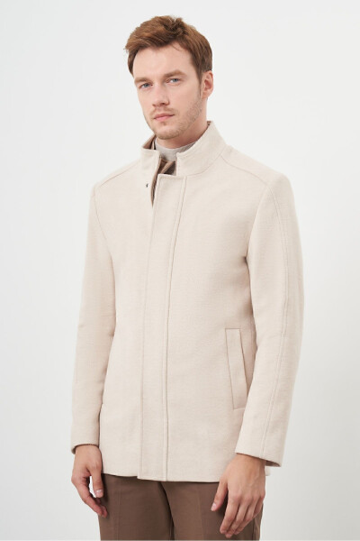 Beige snap-buttoned mandarin collar cashmere coat. - 1