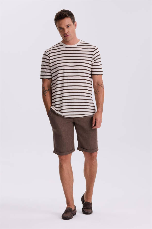 Beige Striped Slim Fit Crew Neck T-Shirt - 1