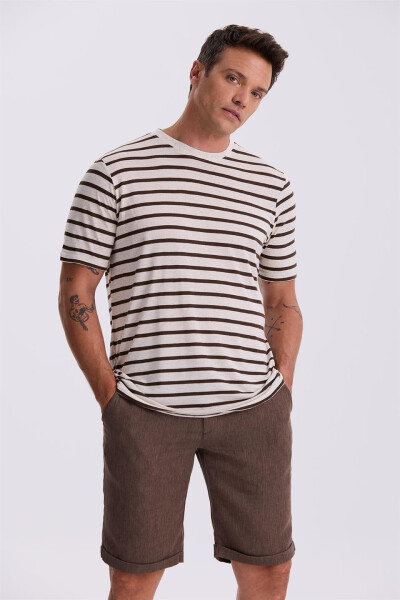 Beige Striped Slim Fit Crew Neck T-Shirt - 2