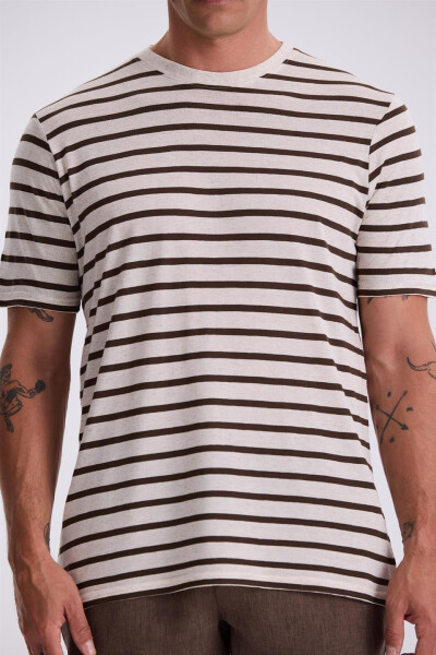 Beige Striped Slim Fit Crew Neck T-Shirt - 3