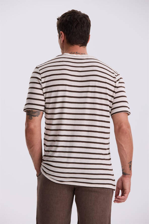 Beige Striped Slim Fit Crew Neck T-Shirt - 4