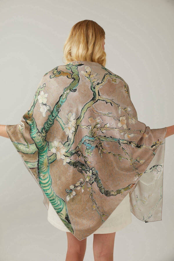 Beige Van Gogh Almond Blossoms 140x140 Square New Spring Summer Collection 100% Satin Silk Scarf - 1