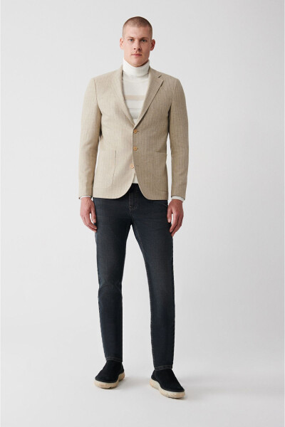 Beige wool, single breasted, lined, patch pocket, slim fit men's jacket. - 6