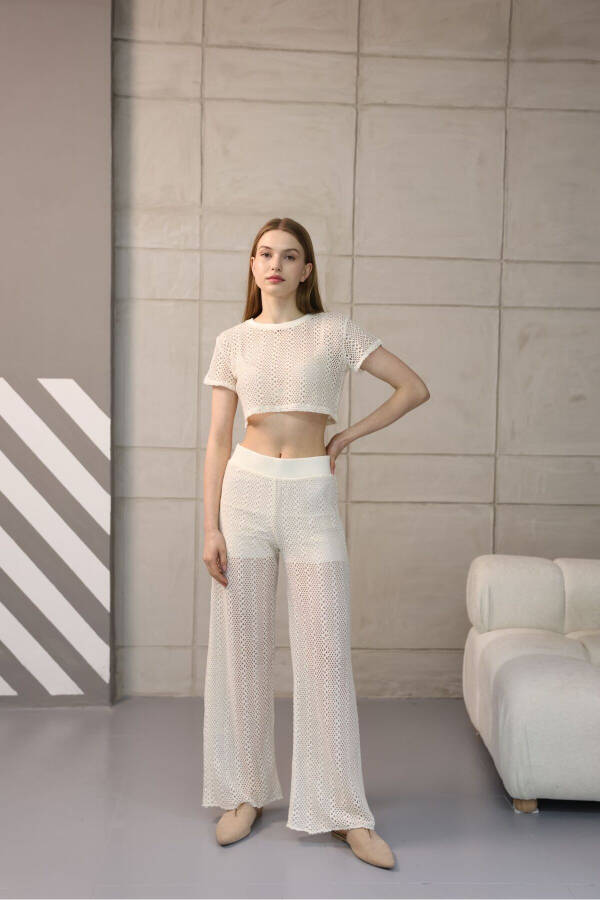 Bej rangli dantelli crop top va pastki kiyim to'plami - 5