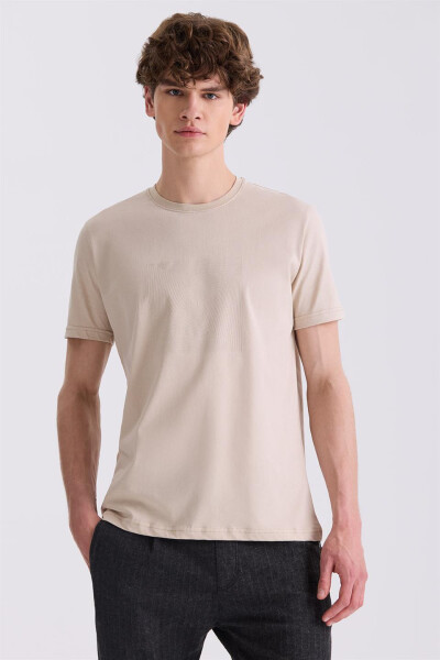 Bej Slim Fit Bisiklet Yaka T-Shirt - 1