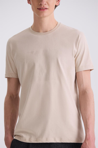 Bej Slim Fit Bisiklet Yaka T-Shirt - 3