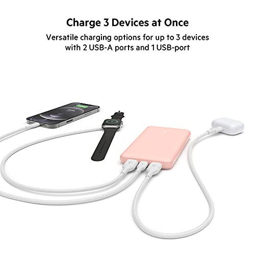 Belkin BoostCharge USB-C Taşınabilir Şarj Cihazı 10k Power Bank 1 USB-C Bağlantı Noktası ve 2 USB-A Bağlantı Noktası ile USB-A'dan USB-C Kablosu iPhone 15, 15 Plus, 15 Pro, 15 Pro Max, Samsung Galaxy S24 ve Daha Fazlası İçin - Gül Altın - 18