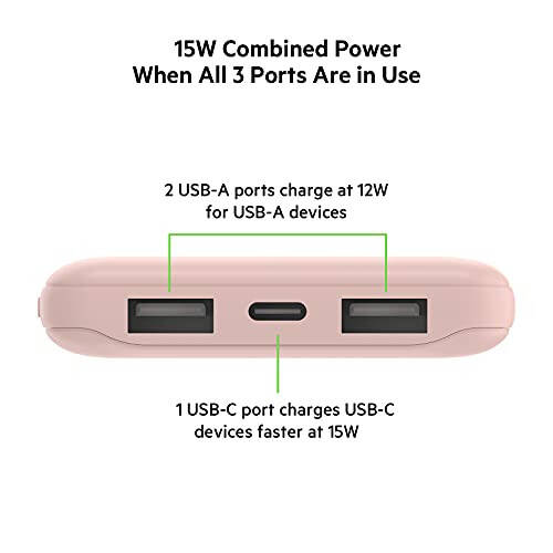 Belkin BoostCharge USB-C Taşınabilir Şarj Cihazı 10k Power Bank 1 USB-C Bağlantı Noktası ve 2 USB-A Bağlantı Noktası ile USB-A'dan USB-C Kablosu iPhone 15, 15 Plus, 15 Pro, 15 Pro Max, Samsung Galaxy S24 ve Daha Fazlası İçin - Gül Altın - 19