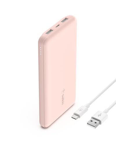 Belkin BoostCharge USB-C Taşınabilir Şarj Cihazı 10k Power Bank 1 USB-C Bağlantı Noktası ve 2 USB-A Bağlantı Noktası ile USB-A'dan USB-C Kablosu iPhone 15, 15 Plus, 15 Pro, 15 Pro Max, Samsung Galaxy S24 ve Daha Fazlası İçin - Gül Altın - 10