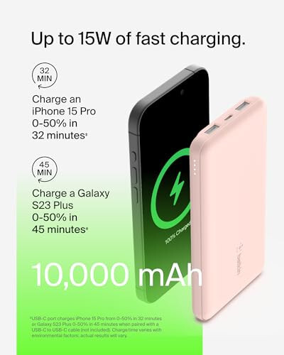 Belkin BoostCharge USB-C Taşınabilir Şarj Cihazı 10k Power Bank 1 USB-C Bağlantı Noktası ve 2 USB-A Bağlantı Noktası ile USB-A'dan USB-C Kablosu iPhone 15, 15 Plus, 15 Pro, 15 Pro Max, Samsung Galaxy S24 ve Daha Fazlası İçin - Gül Altın - 12