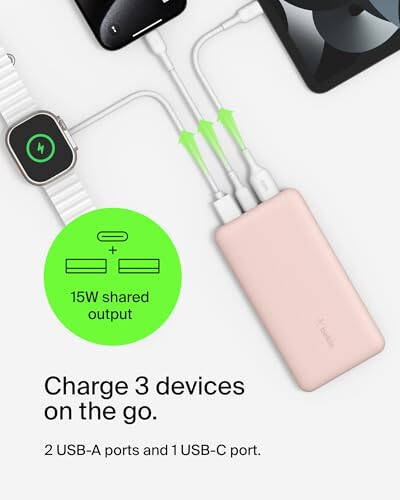 Belkin BoostCharge USB-C Taşınabilir Şarj Cihazı 10k Power Bank 1 USB-C Bağlantı Noktası ve 2 USB-A Bağlantı Noktası ile USB-A'dan USB-C Kablosu iPhone 15, 15 Plus, 15 Pro, 15 Pro Max, Samsung Galaxy S24 ve Daha Fazlası İçin - Gül Altın - 3