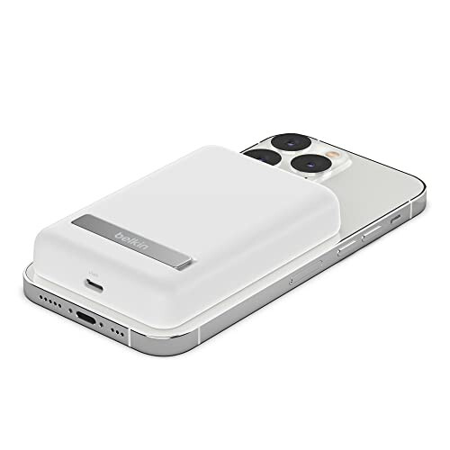 Belkin BoostCharge Wireless Power Bank 5K w/MagSafe Compatible 7.5W Charging, Built-in Pop-up Kickstand - Compatible w/iPhone 15, 15 Plus, 15 Pro, 15 Pro Max, iPhone 14, AirPods, and More - White - 2