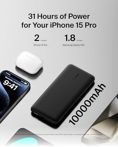 Belkin Power Bank, BoostCharge Plus 10.000 mAh Taşınabilir Şarj Cihazı Entegre Lightning Kablosu ve USB-C Kablosuyla - iPhone Şarj Cihazı - iPhone 15 Pro Max, iPhone 15, iPhone 14, iPhone 13 İçin Pil Paketi - Siyah - 3