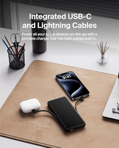 Belkin Power Bank, BoostCharge Plus 10.000 mAh Taşınabilir Şarj Cihazı Entegre Lightning Kablosu ve USB-C Kablosuyla - iPhone Şarj Cihazı - iPhone 15 Pro Max, iPhone 15, iPhone 14, iPhone 13 İçin Pil Paketi - Siyah - 5