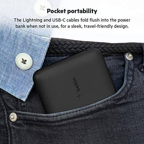 Belkin Power Bank, BoostCharge Plus 10k mAh Portable Charger w/Integrated Lightning Cable & USB-C Cable - iPhone Charger - Battery Pack for iPhone 15 Pro Max, iPhone 15, iPhone 14, iPhone 13 - Black - 11