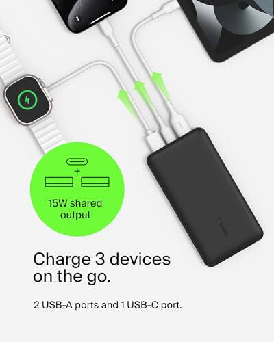 Belkin Power Bank, BoostCharge USB-C Portable Charger 20k w/ 1 USB-C Port and 2 USB-A Ports with USB-C to USB-A Cable for iPhone 15, 15 Plus, 15 Pro, 15 Pro Max, Samsung Galaxy S24, & More - Black - 10