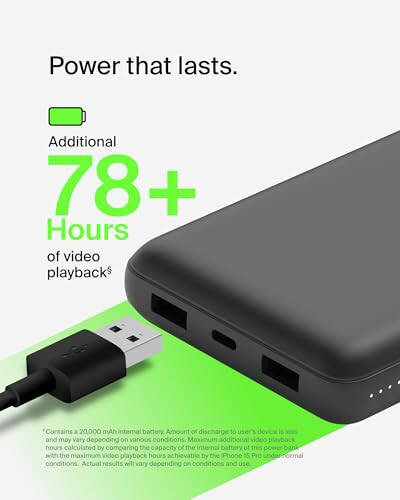 Belkin Power Bank, BoostCharge USB-C Portable Charger 20k w/ 1 USB-C Port and 2 USB-A Ports with USB-C to USB-A Cable for iPhone 15, 15 Plus, 15 Pro, 15 Pro Max, Samsung Galaxy S24, & More - Black - 11