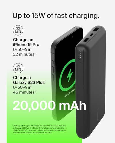 Belkin Power Bank, BoostCharge USB-C Portable Charger 20k w/ 1 USB-C Port and 2 USB-A Ports with USB-C to USB-A Cable for iPhone 15, 15 Plus, 15 Pro, 15 Pro Max, Samsung Galaxy S24, & More - Black - 12