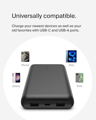 Belkin Power Bank, BoostCharge USB-C Portable Charger 20k w/ 1 USB-C Port and 2 USB-A Ports with USB-C to USB-A Cable for iPhone 15, 15 Plus, 15 Pro, 15 Pro Max, Samsung Galaxy S24, & More - Black - 13