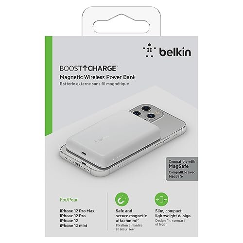 Belkin Simsiz Quvvat Banki MagSafe bilan mos keladigan 7,5 Vt Simsiz Zaryadlash - Ko'chma Magnit Zaryadlash Banki - iPhone 15, 15 Plus, 15 Pro, 15 Pro Max, iPhone 14, AirPods va boshqalar bilan mos keladi - Oq - 6