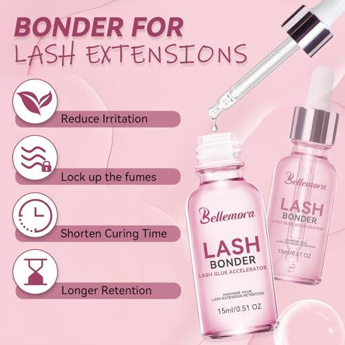 Bellemora Lash Bonder for Eyelash Extensions, Lash Glue Super Bonder with 30Pcs Cotton Swab, Lash Retention Accelerator, Lock in Glue Fume, Waterproof Oil-Proof Bonder for Lash Extensions 15ml - 2