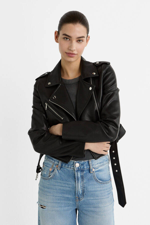 Belted Faux Leather Biker Jacket - 1