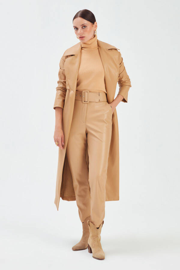 Belted Leather Pants - Beige - 4