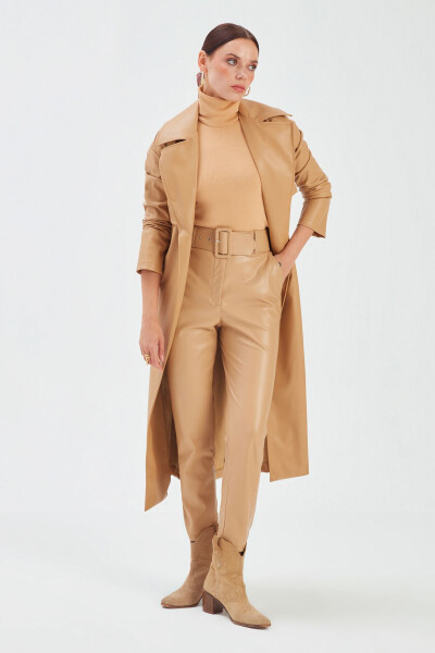 Belted Leather Pants - Beige - 5