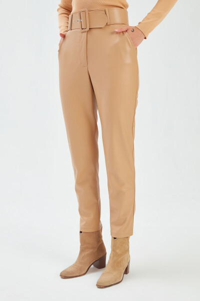 Belted Leather Pants - Beige - 6