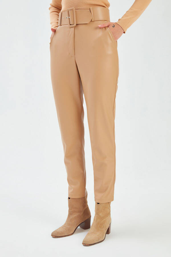 Belted Leather Pants - Beige - 6