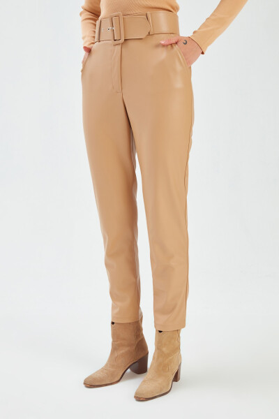 Belted Leather Pants - Beige - 14