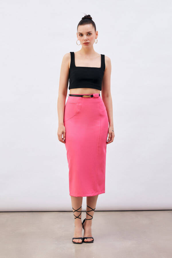 Belted Midi Pencil Skirt - Fuchsia - 1