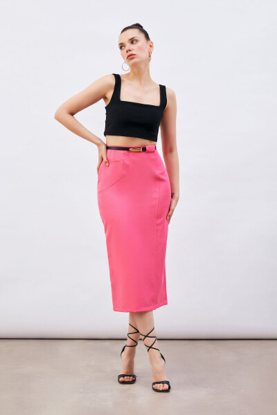 Belted Midi Pencil Skirt - Fuchsia - 2