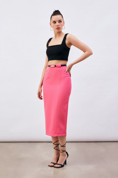 Belted Midi Pencil Skirt - Fuchsia - 3