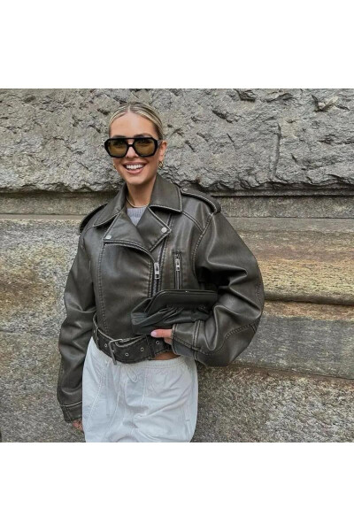 Belted Oversized Leather Biker Jacket - 8