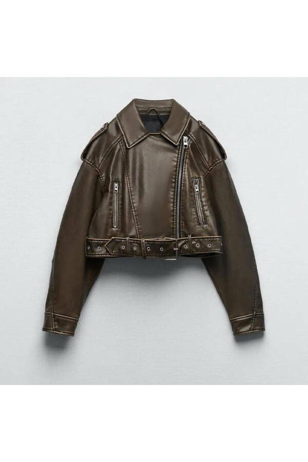 Belted Oversized Leather Biker Jacket - 10