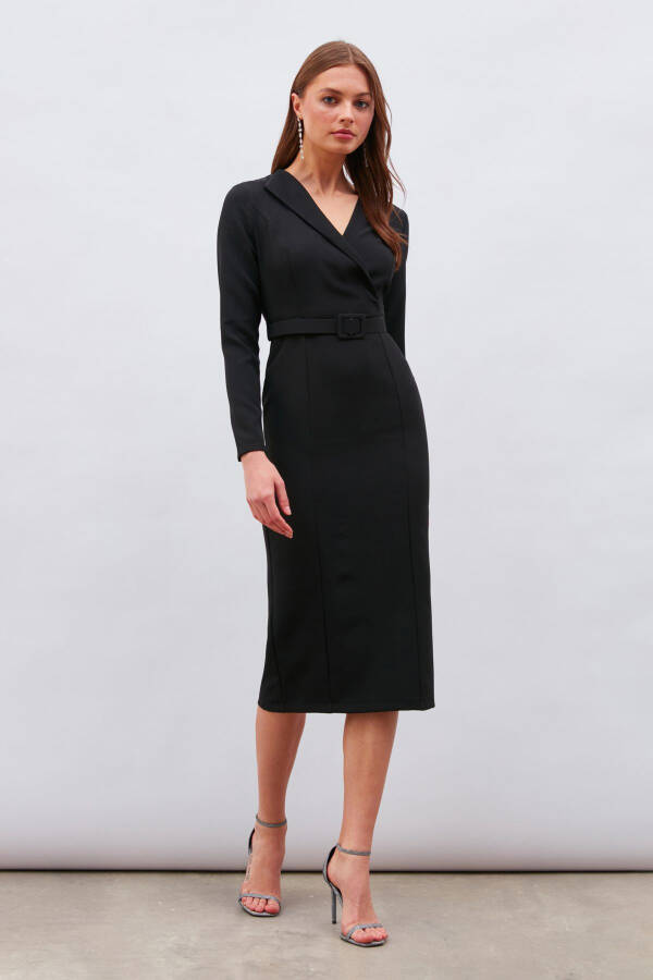 Belted Pencil Dress - Black - 1