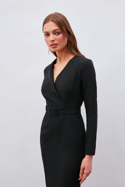 Belted Pencil Dress - Black - 4