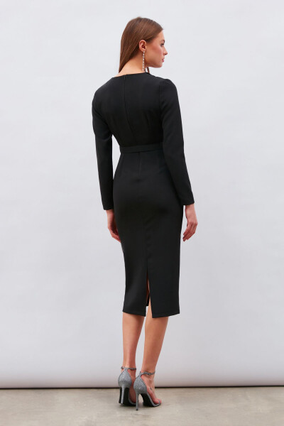 Belted Pencil Dress - Black - 7