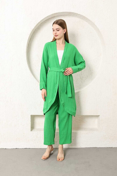 Benetton Green Muslin Women's Kimono Pants Two-Piece Set Elastic Waist Straight Leg With Belt - 11