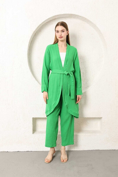 Benetton Green Muslin Women's Kimono Pants Two-Piece Set Elastic Waist Straight Leg With Belt - 13