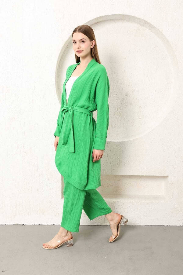 Benetton Green Muslin Women's Kimono Pants Two-Piece Set Elastic Waist Straight Leg With Belt - 14