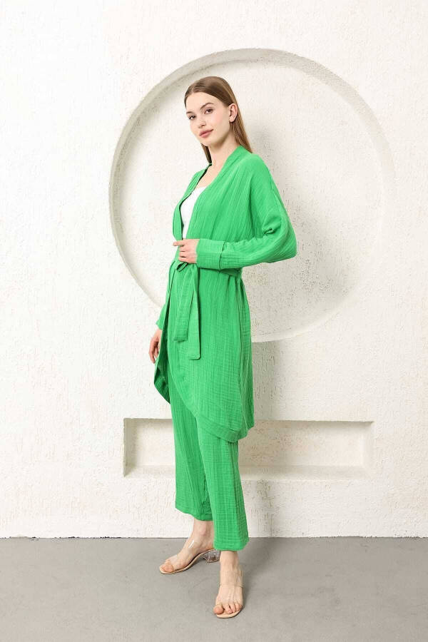 Benetton Green Muslin Women's Kimono Pants Two-Piece Set Elastic Waist Straight Leg With Belt - 16