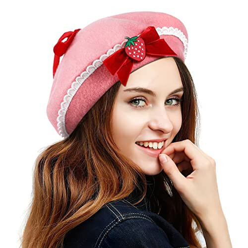 BEOSOFLOY Strawberry Bowknot Hat Womens Strawberry Hat Wool Strawberry Pink Beret Hat Bowknot Beret with Pearls French Style Strawberry Milk Hat Pink Berets for Women - 1