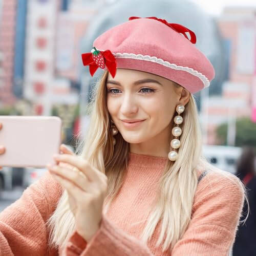 BEOSOFLOY Strawberry Bowknot Hat Womens Strawberry Hat Wool Strawberry Pink Beret Hat Bowknot Beret with Pearls French Style Strawberry Milk Hat Pink Berets for Women - 4