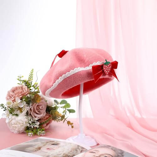 BEOSOFLOY Strawberry Bowknot Hat Womens Strawberry Hat Wool Strawberry Pink Beret Hat Bowknot Beret with Pearls French Style Strawberry Milk Hat Pink Berets for Women - 6