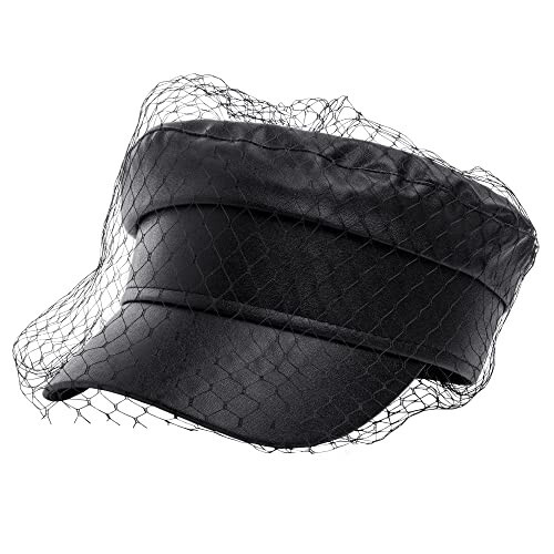 Beret Hats for Women PU Leather Newsboy Fiddler Cap with Veil Casual Baker Boy Captain Hat - 1