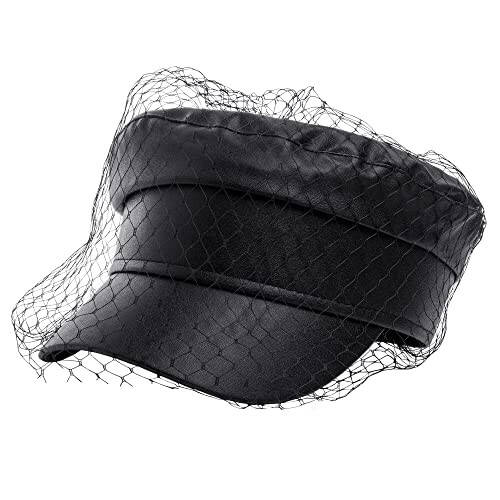 Beret Hats for Women PU Leather Newsboy Fiddler Cap with Veil Casual Baker Boy Captain Hat - 1